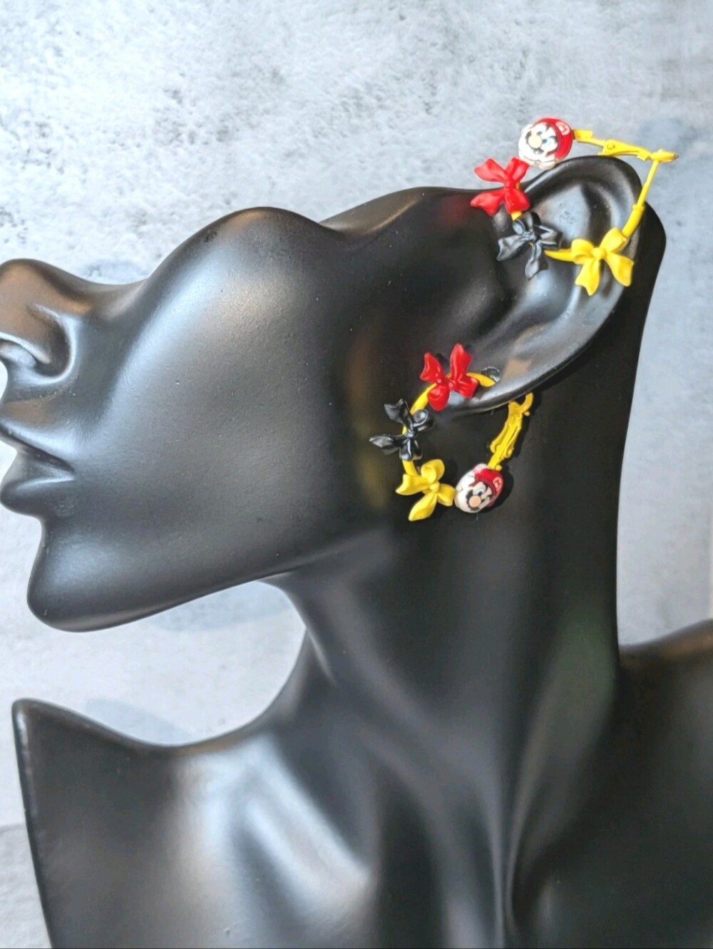 Hand Crafted Yellow, Red & Black Cartoon Bow Earrings For Women And Kids - Picture 11 of 13
